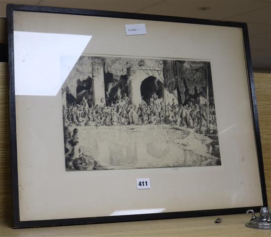 Charles William Cain (1893-1962) etching ....Bazaar, signed, label remnant verso 25 x 37cm.